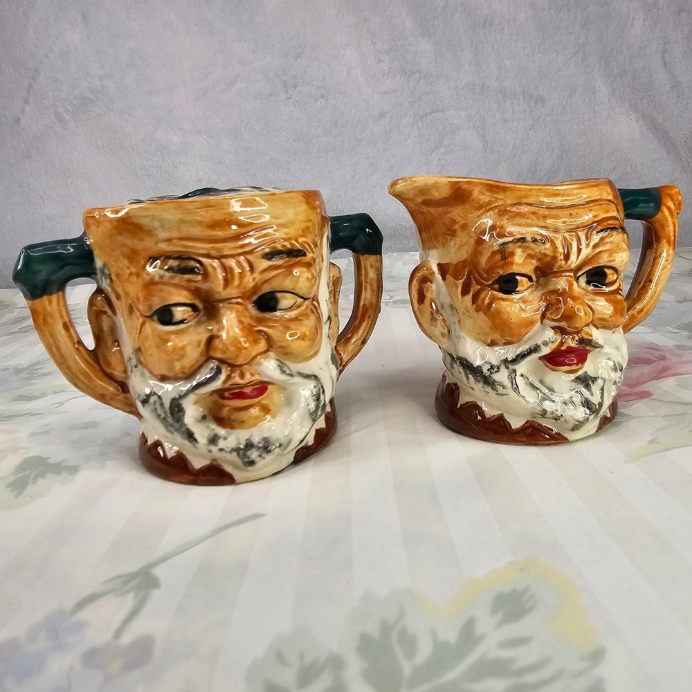 Vintage‎ Ceramic Old Man Face Creamer and Sugar Bowl Set with Lids